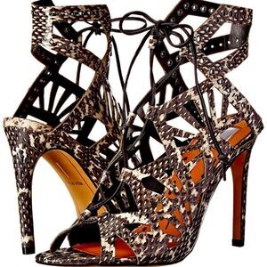 Dolce Vita Helena Lace Up Cutout Heel Sandal Black /White Snake Leather Size 9